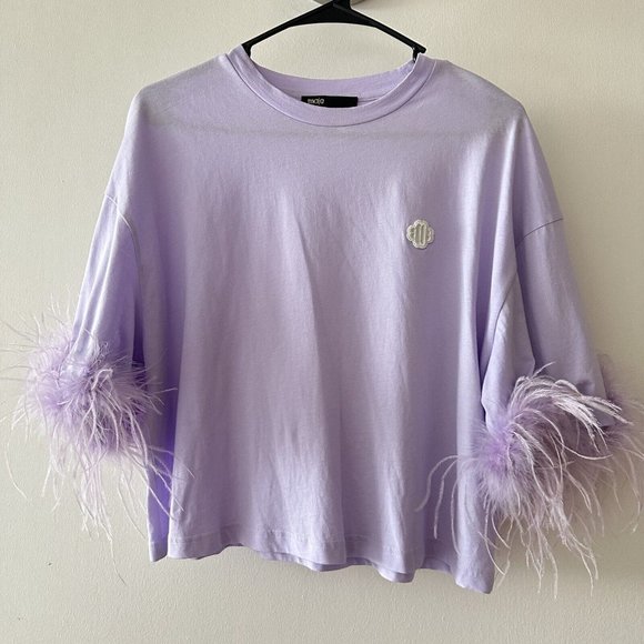 Maje Plume Feather-Trim Tee Purple Sz 2 T-shirt Lilac - Picture 4 of 7